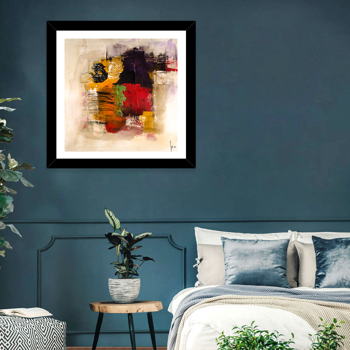 Bold Color Block Abstract with Black Circle Wall Art in a room, square