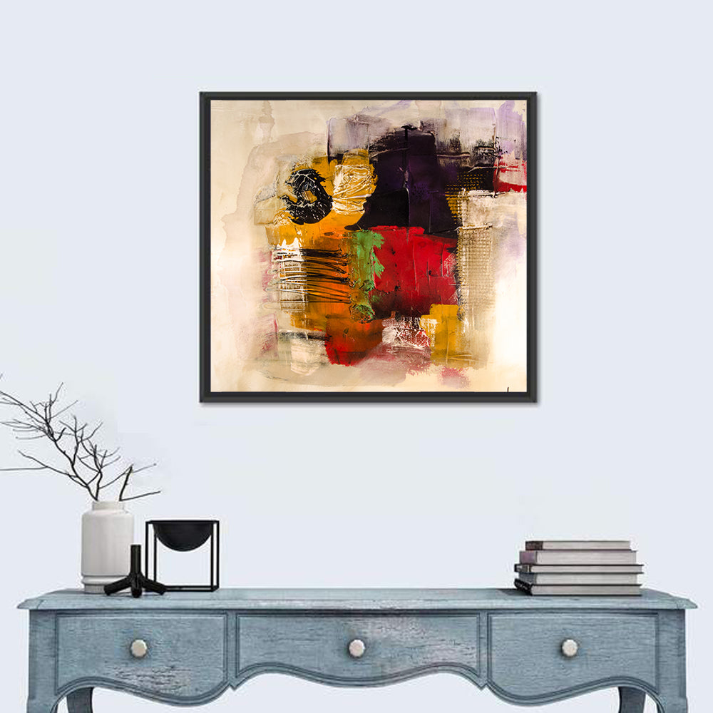 Bold Color Block Abstract with Black Circle Wall Art in a room, square