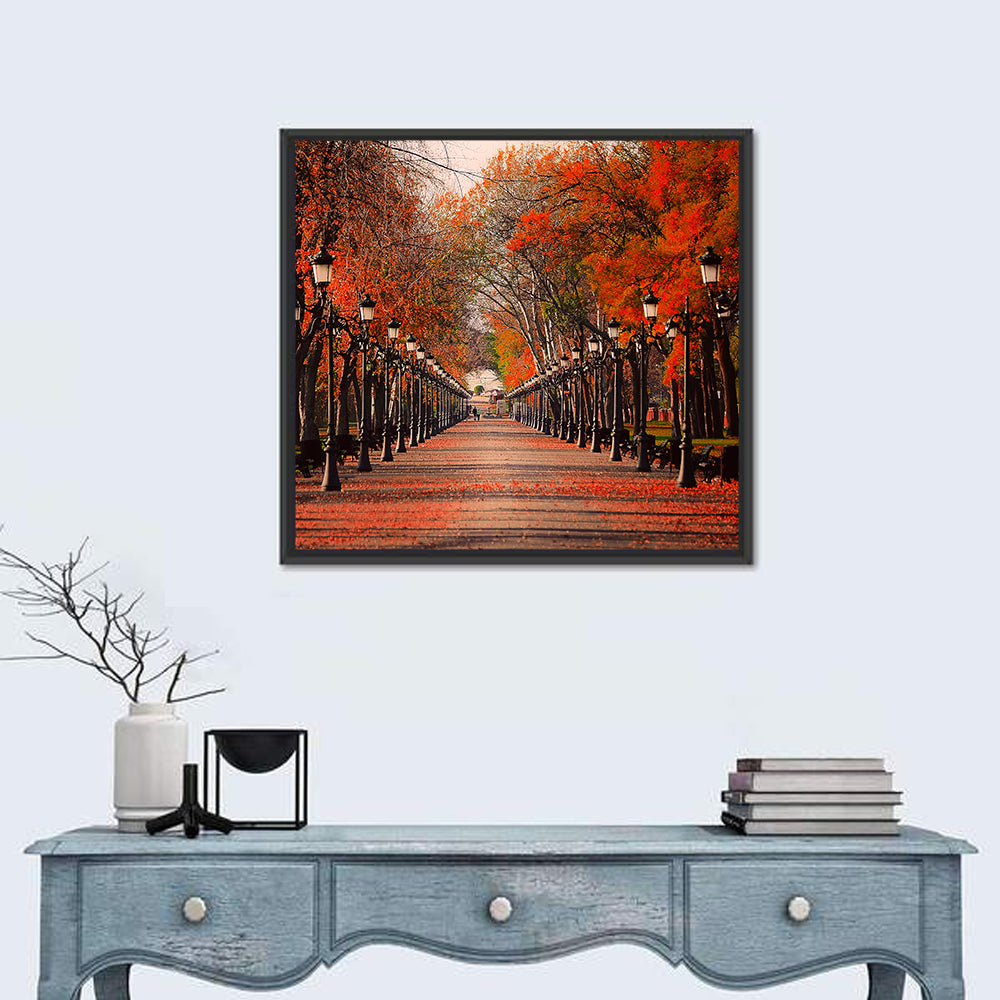 Autumn Park Path with Vintage Lampposts Wall Art