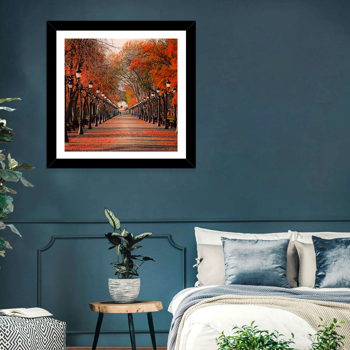 Autumn Park Path with Vintage Lampposts Wall Art in a room, square
