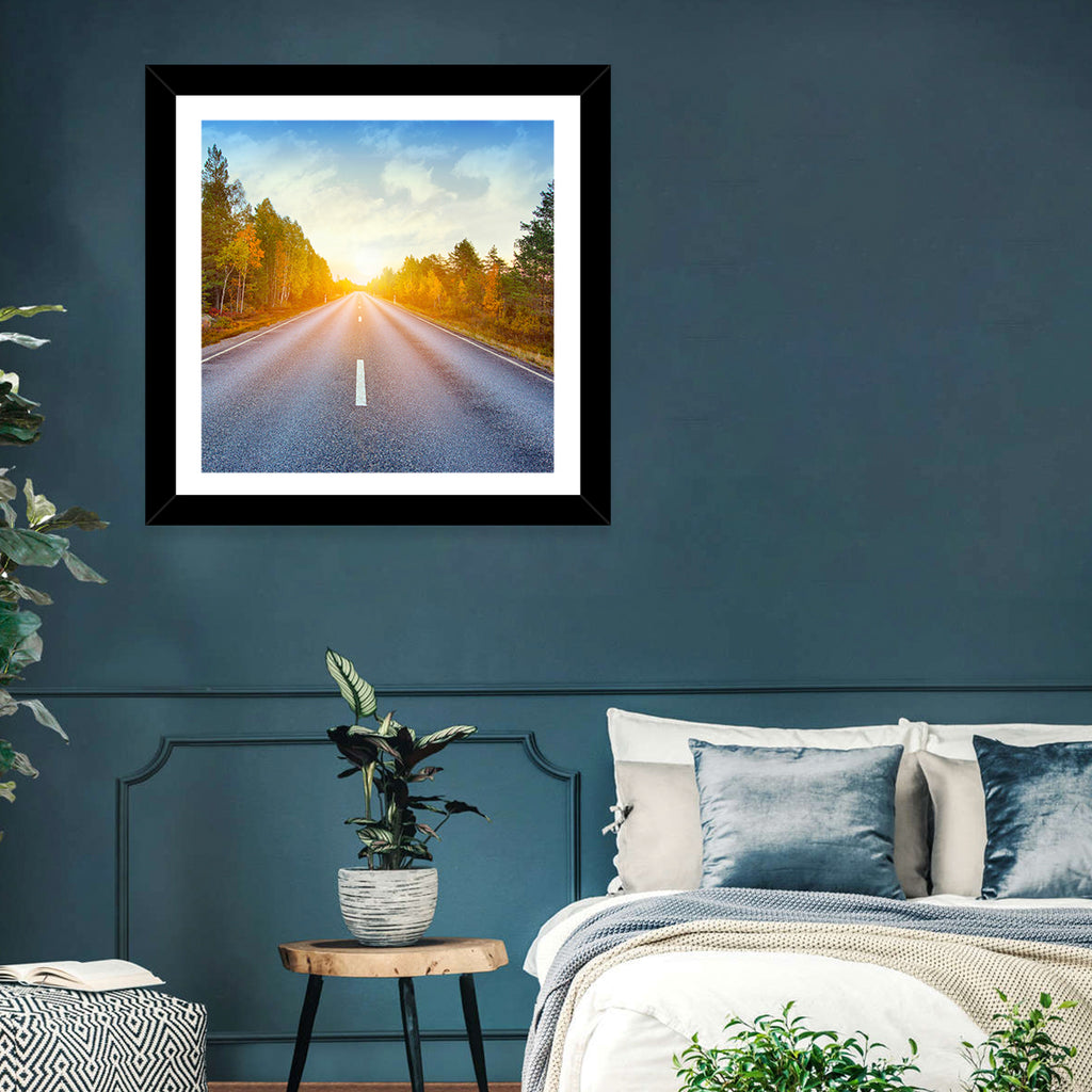 Sunlit Autumn Forest Road Wall Art