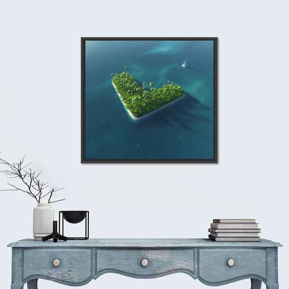 V-shaped Tropical Island with Distant Catamaran Wall Art in a room, square