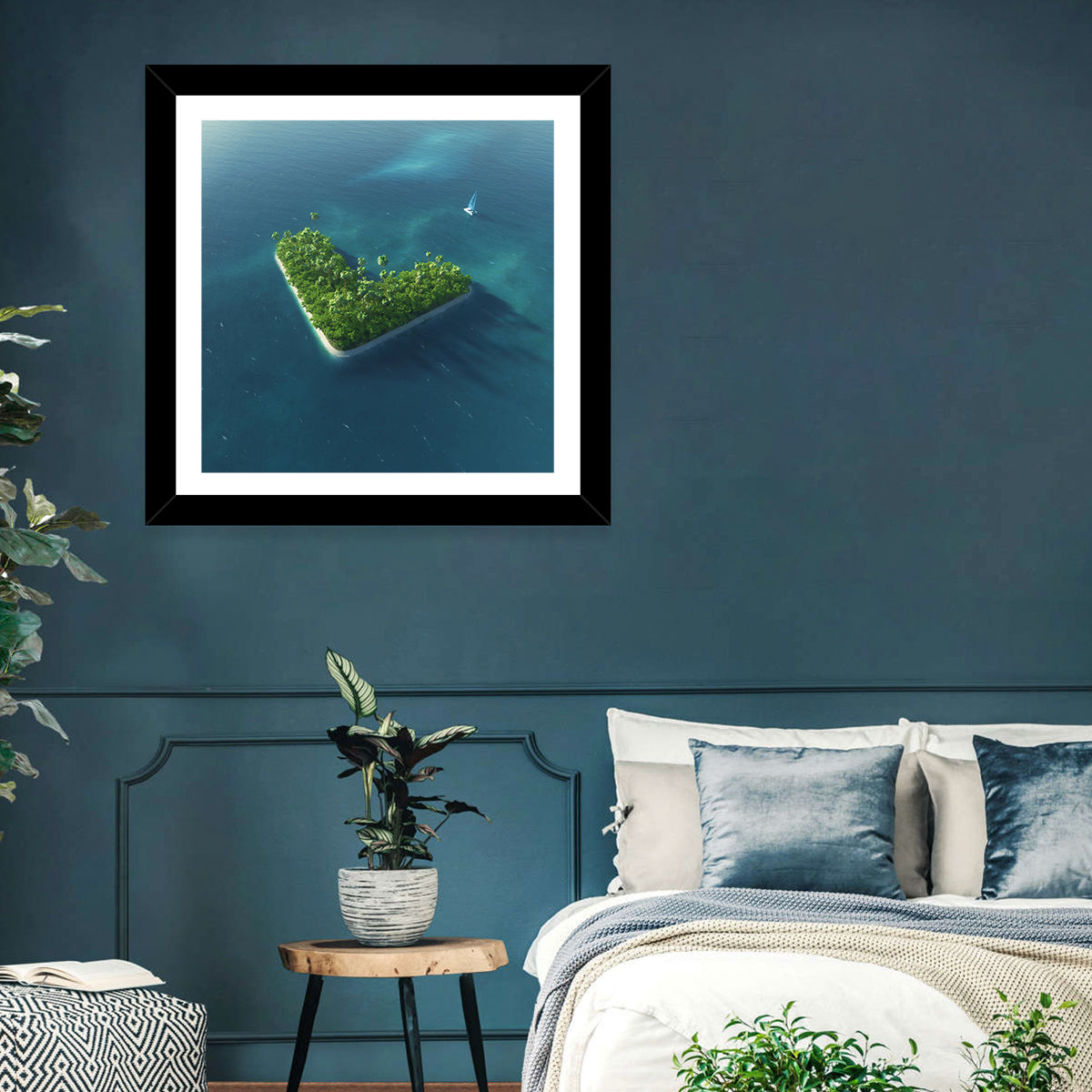 V-shaped Tropical Island with Distant Catamaran Wall Art in a room, square