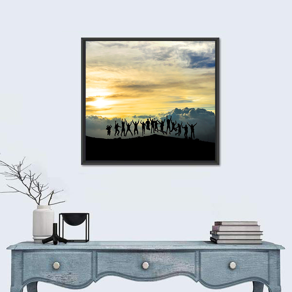 Golden Team Silhouettes at Sunset Wall Art in a room, square