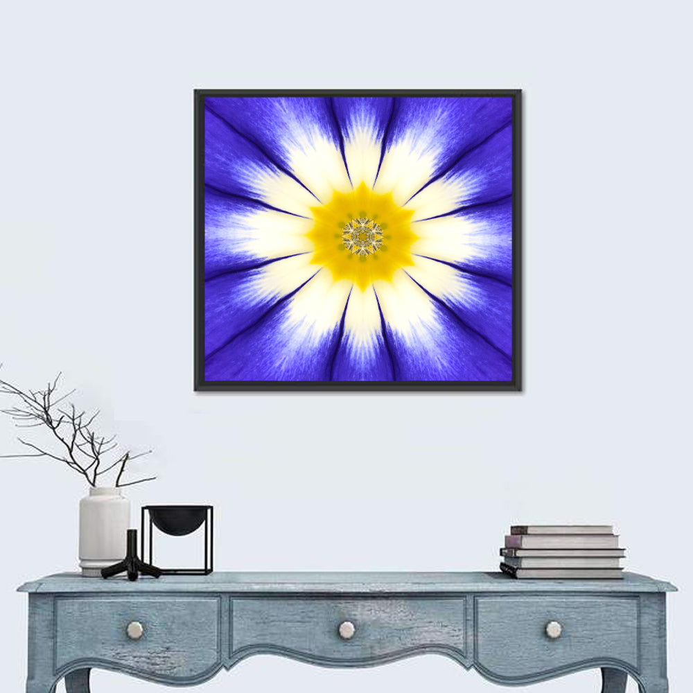 Blue Cornflower Mandala Bloom Wall Art in a room, square