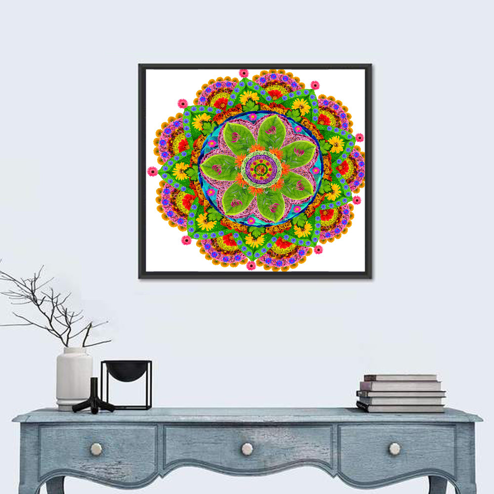 Vibrant Floral Petal Mandala Wall Art in a room, square