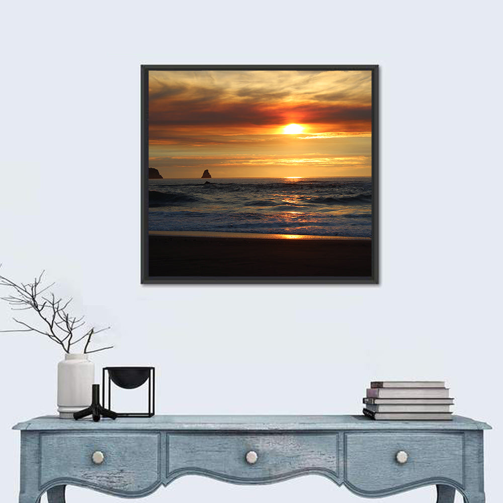 Oregon Sea Stack Sunset Wall Art in a room, square