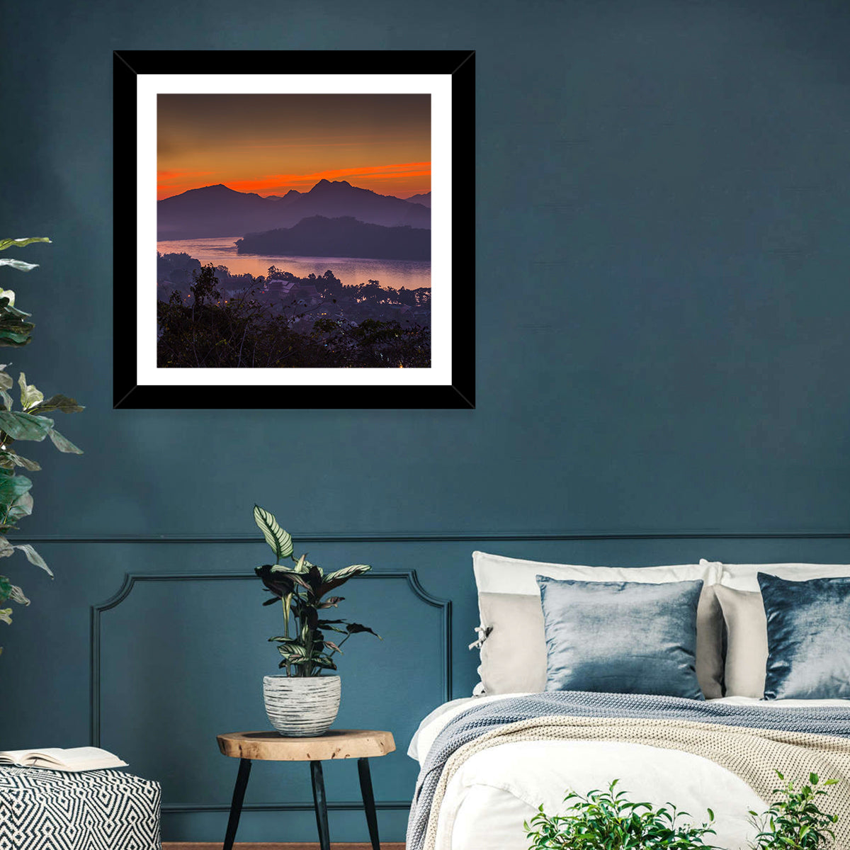 Luang Prabang Sunset Over Mekong Wall Art in a room, square