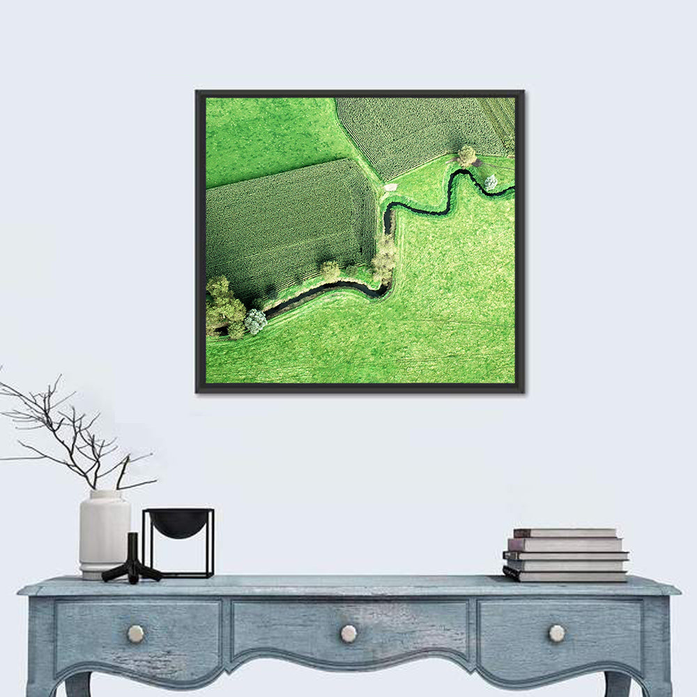 Meandering Stream Over Farmland Wall Art in a room, square