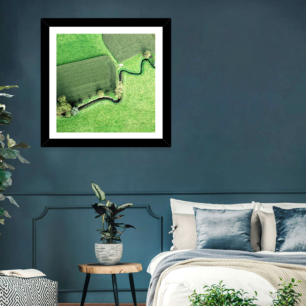 Meandering Stream Over Farmland Wall Art in a room, square