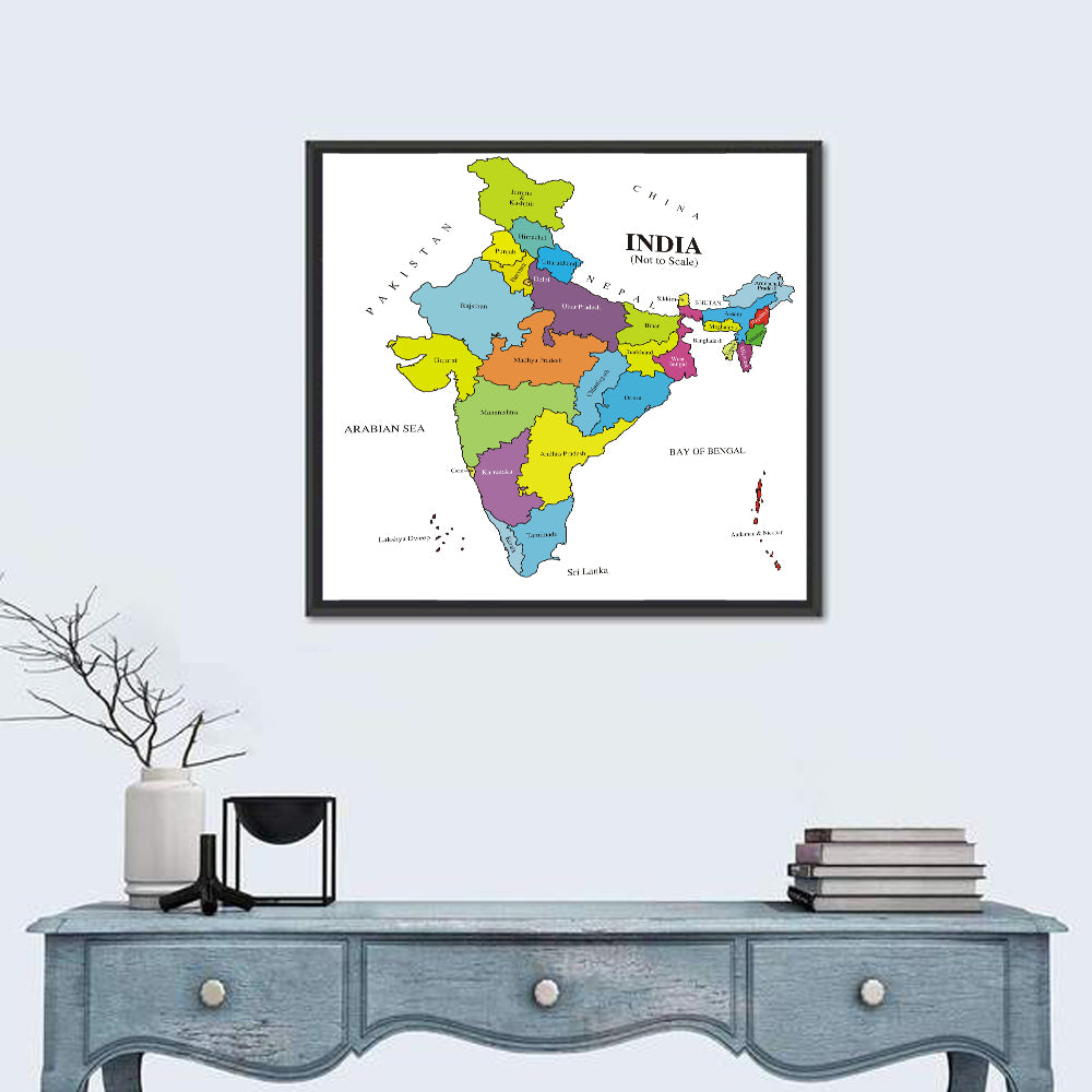 Colorful Political Map of India Wall Art in a room, square
