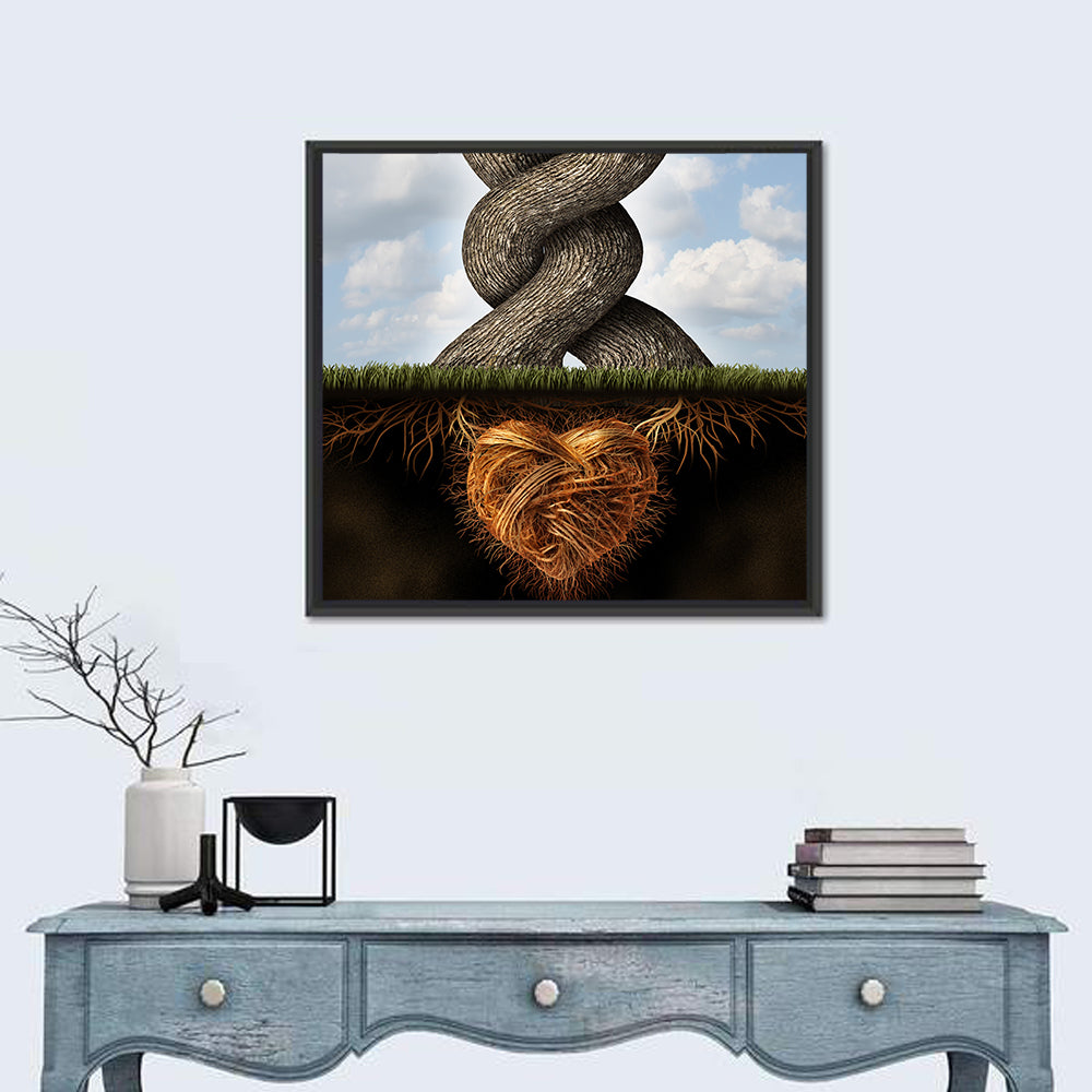 Intertwined Trees with Heart-shaped Roots Wall Art in a room, square