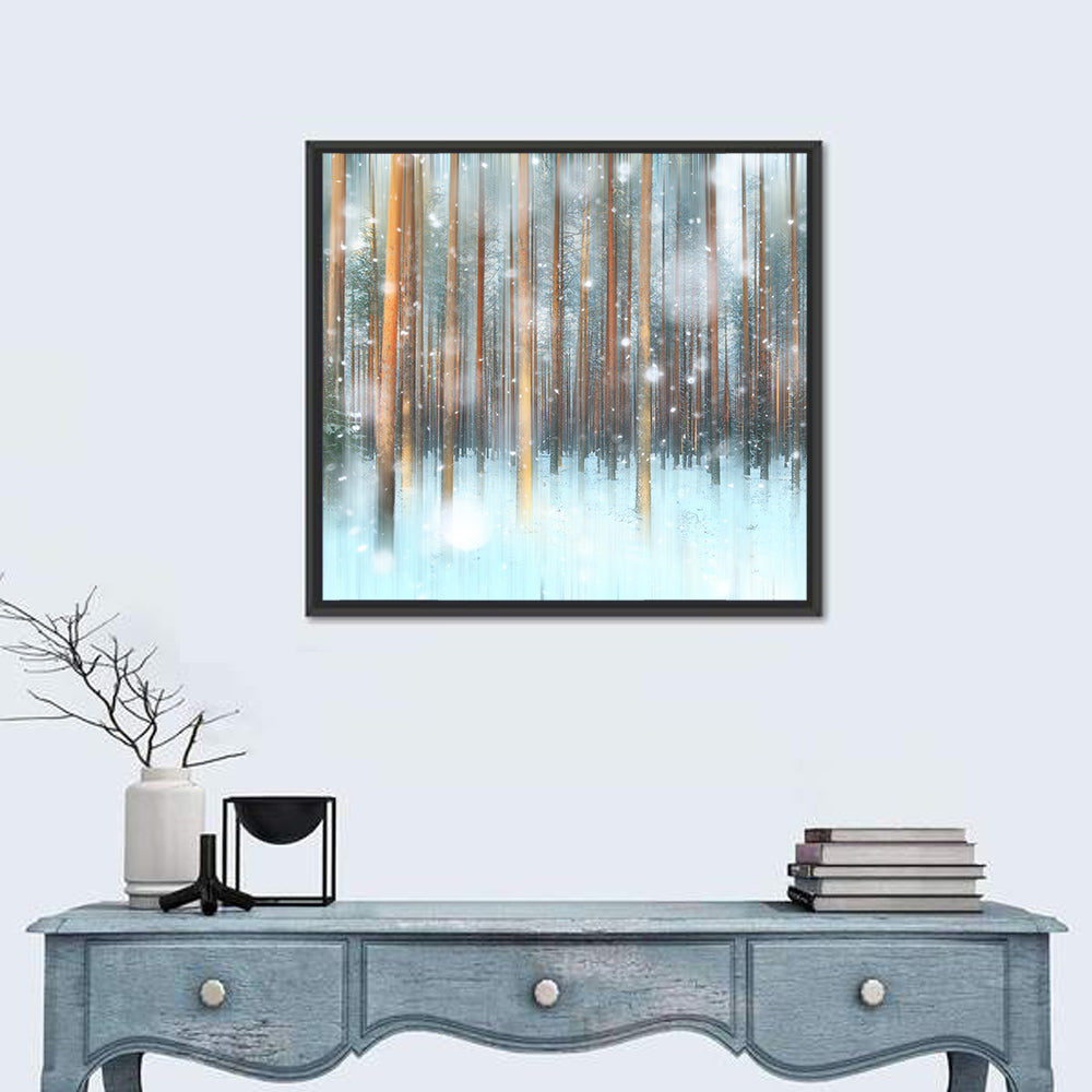 Ethereal Snowy Pine Forest Wall Art in a room, square