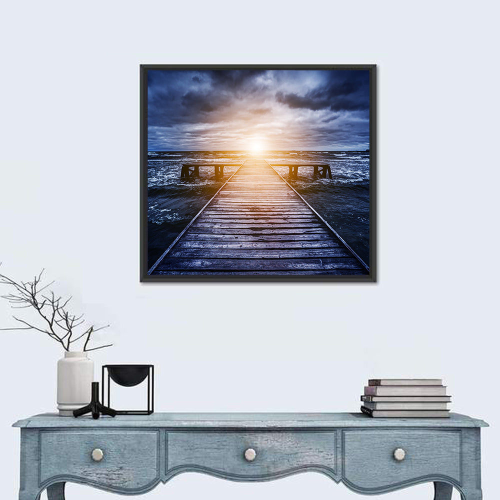 Sunlit Wooden Jetty at Dusk Wall Art in a room, square