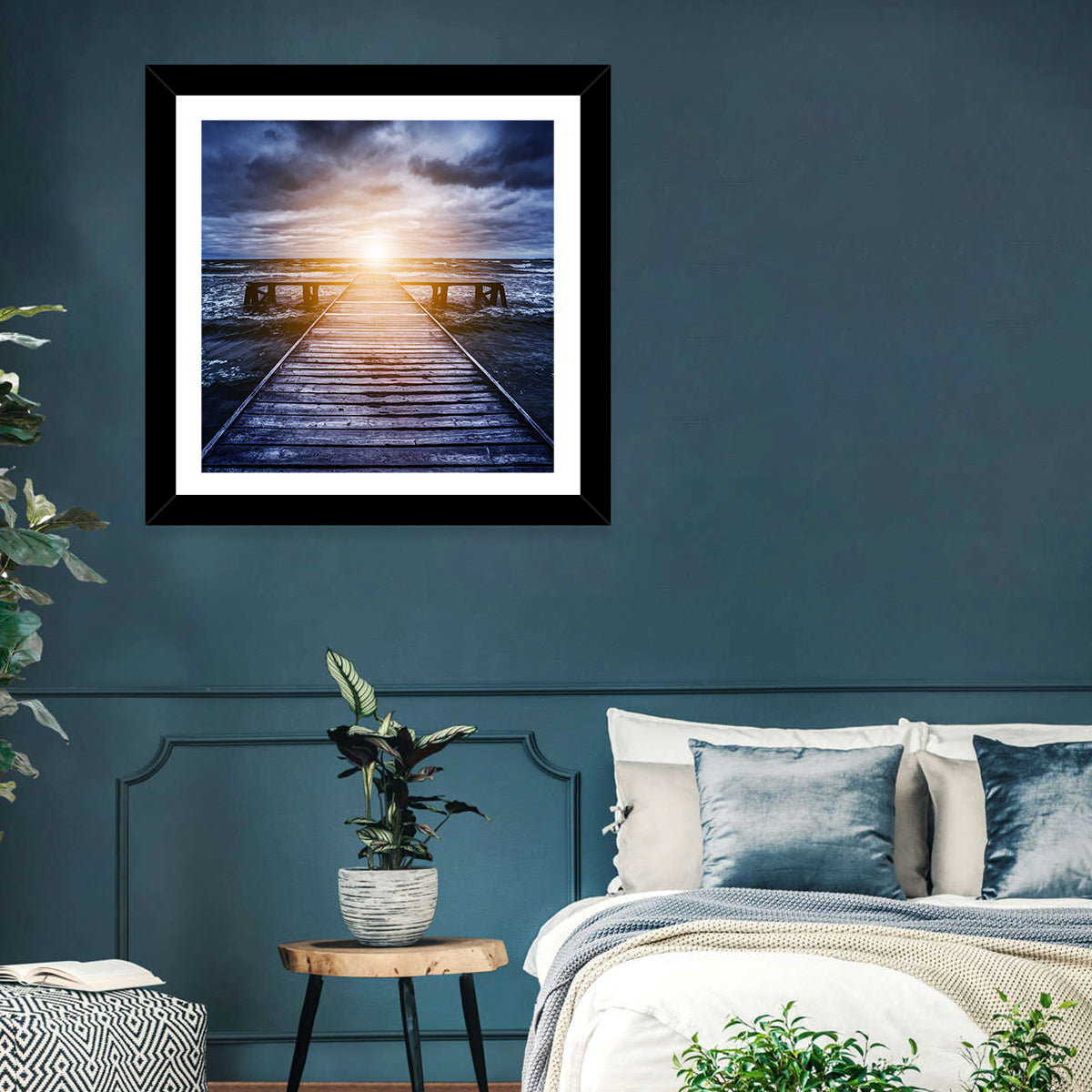 Sunlit Wooden Jetty at Dusk Wall Art in a room, square