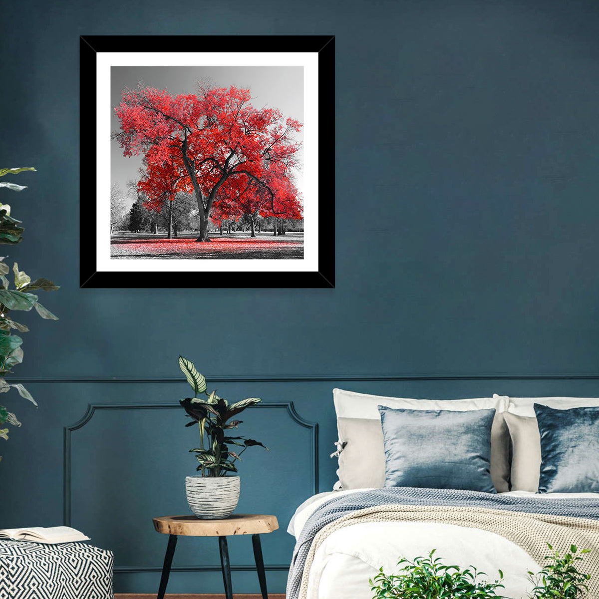 Winter Tree with Red Leaves Wall Art in a room, square