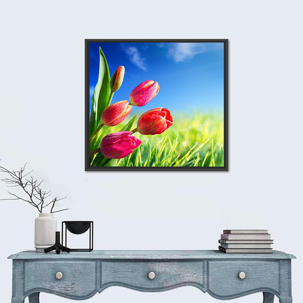 Dewy Red Tulips Under Blue Sky Wall Art in a room, square