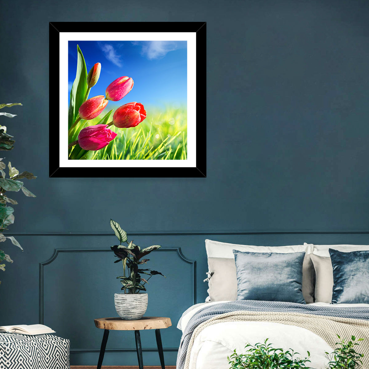 Dewy Red Tulips Under Blue Sky Wall Art in a room, square