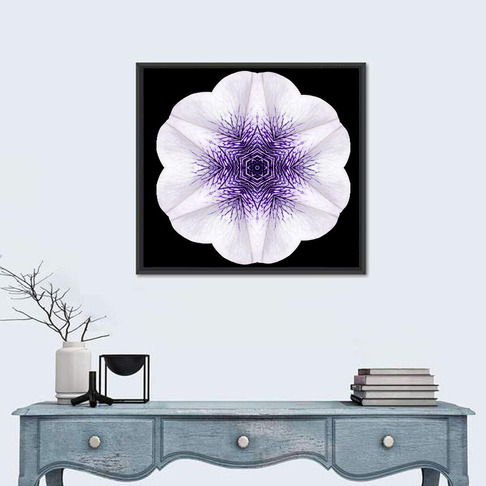 Purple Mandala Flower Kaleidoscope Wall Art in a room, square