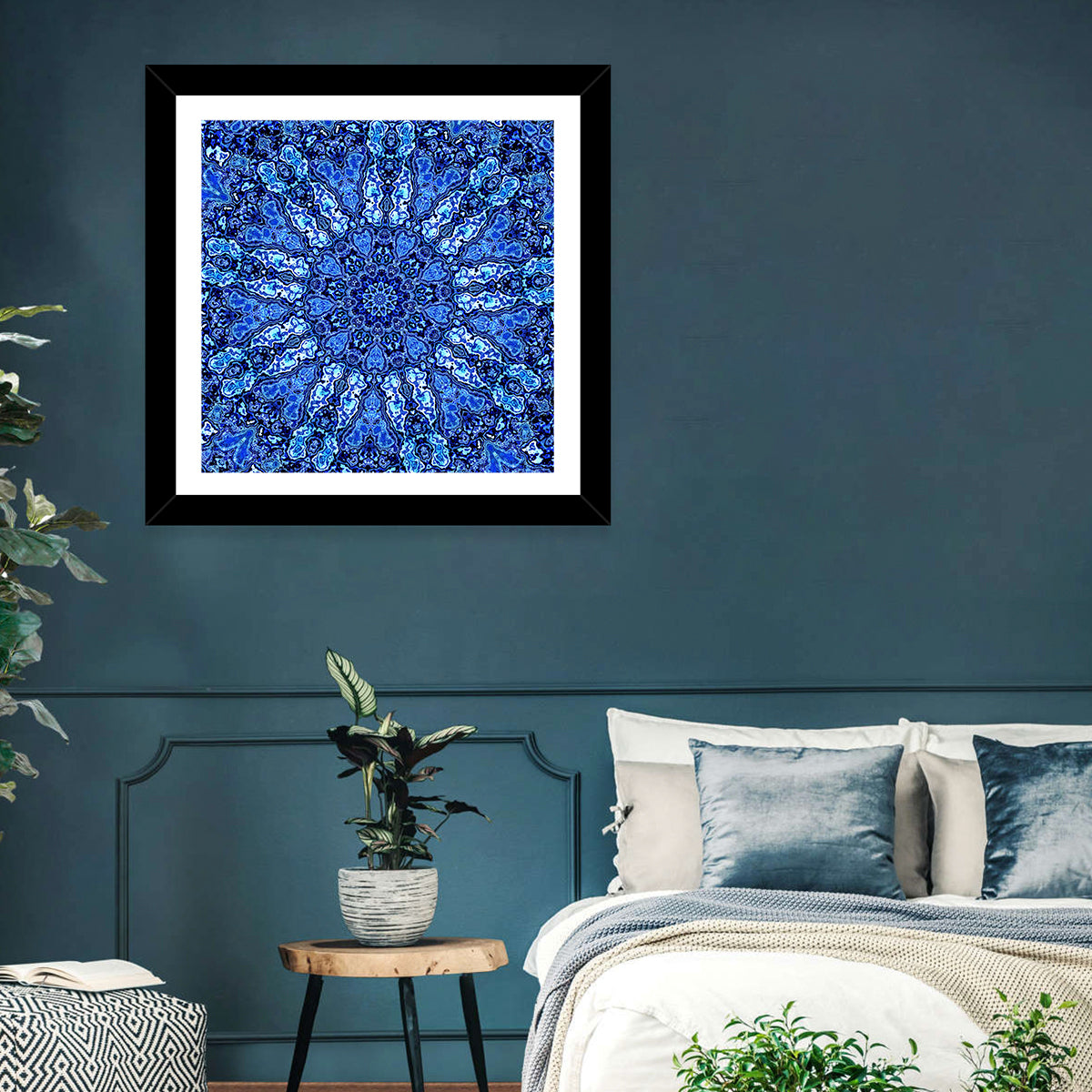 Blue Fractal Mandala Wall Art in a room, square