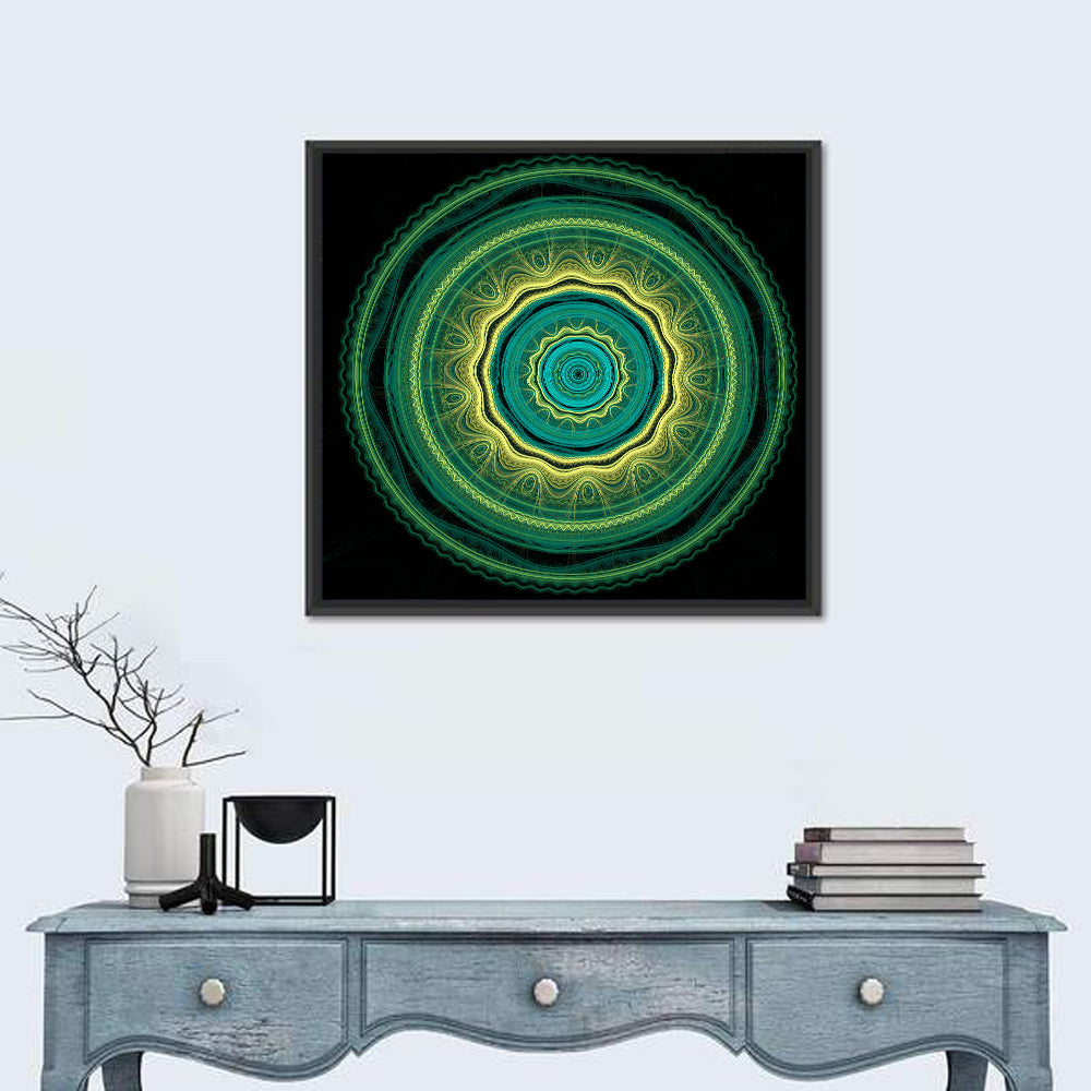 Hypnotic Teal Glow Mandala Wall Art in a room, square