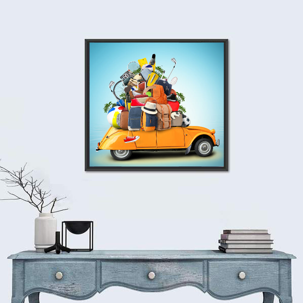 Orange Vintage Car Road Trip Getaway Wall Art in a room, square