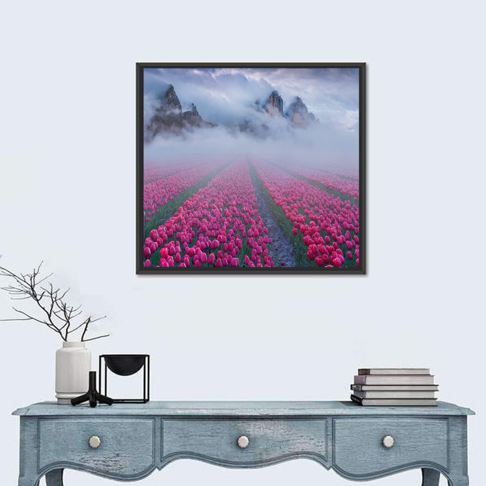 Misty Pink Tulip Field Wall Art in a room, square