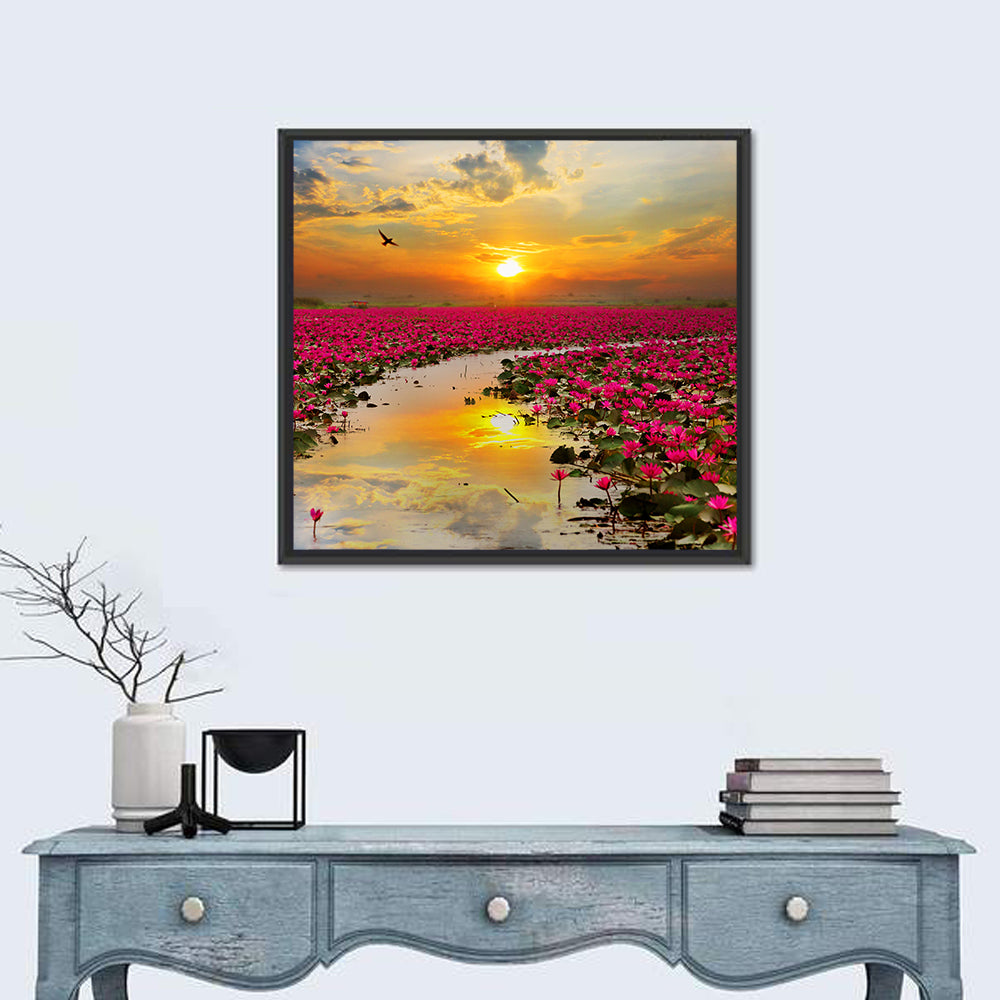 Golden Hour Lotus Field Wall Art in a room, square