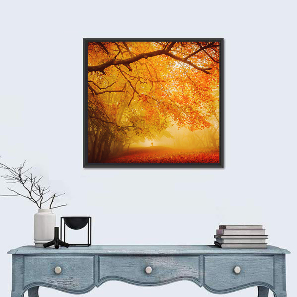 Autumn Forest Path with Lone Figure Wall Art in a room, square