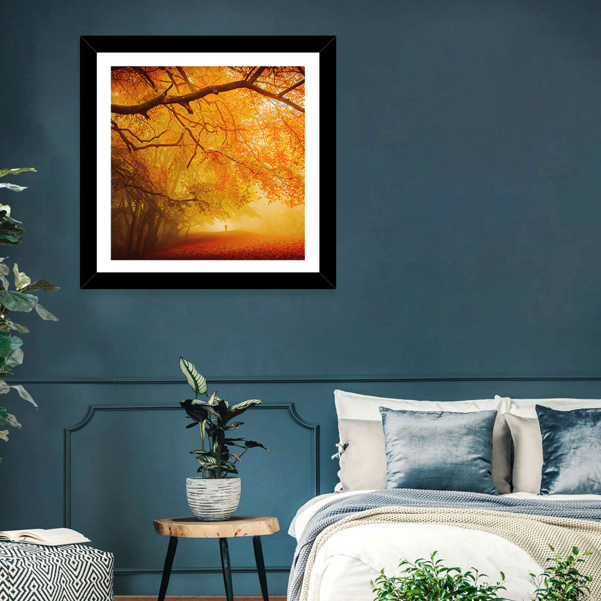 Autumn Forest Path with Lone Figure Wall Art in a room, square