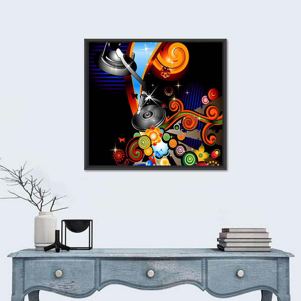 Psychedelic Turntable Illustration Wall Art in a room, square