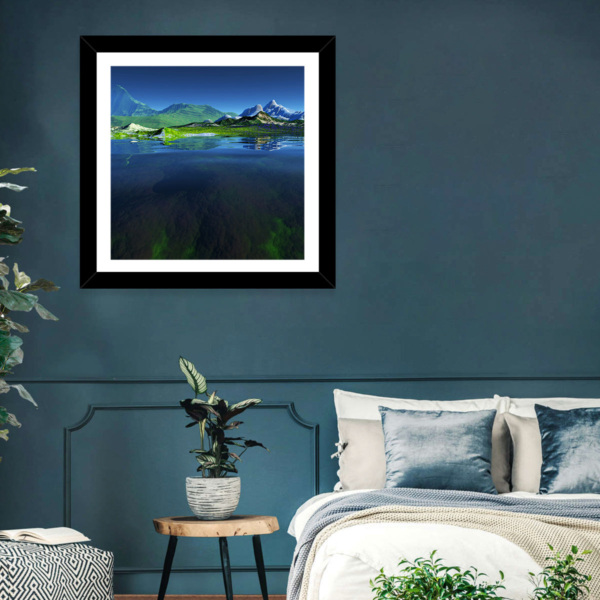 Mountain Lake Split View Wall Art in a room, square