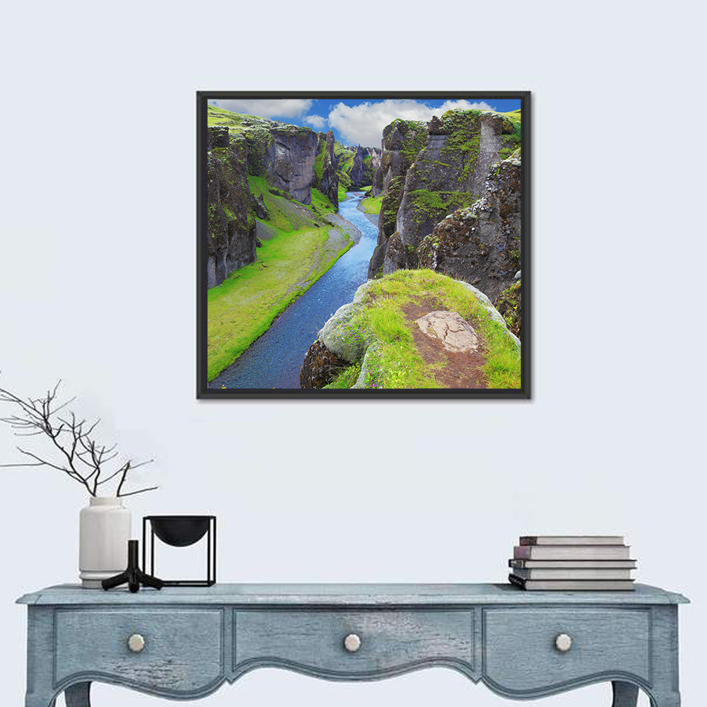 Neverland Cliffs, Fjaðrárgljúfur Canyon Wall Art in a room, square