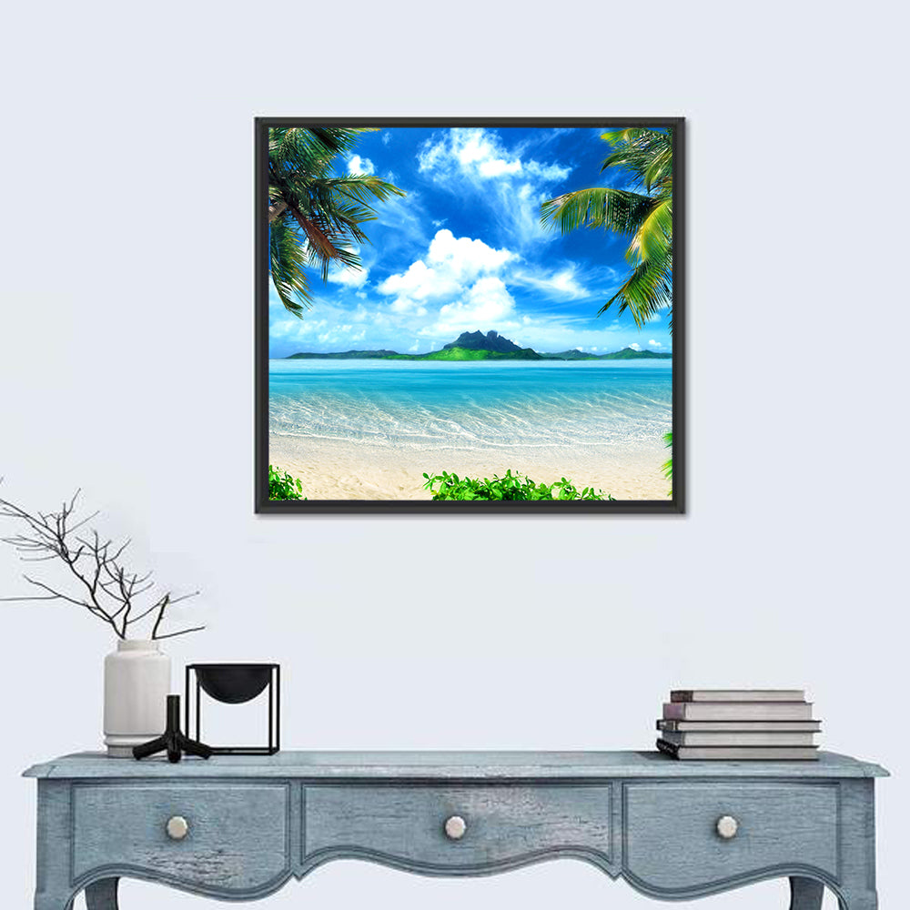 Palm-framed Tropical Island Beach Wall Art in a room, square