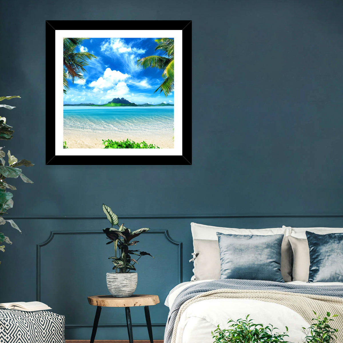 Palm-framed Tropical Island Beach Wall Art in a room, square