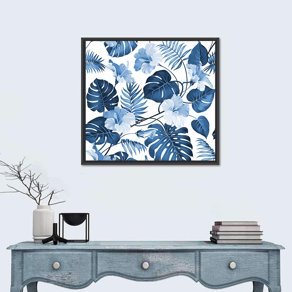 Blue Tropical Palm Leaves Wall Art in a room, square