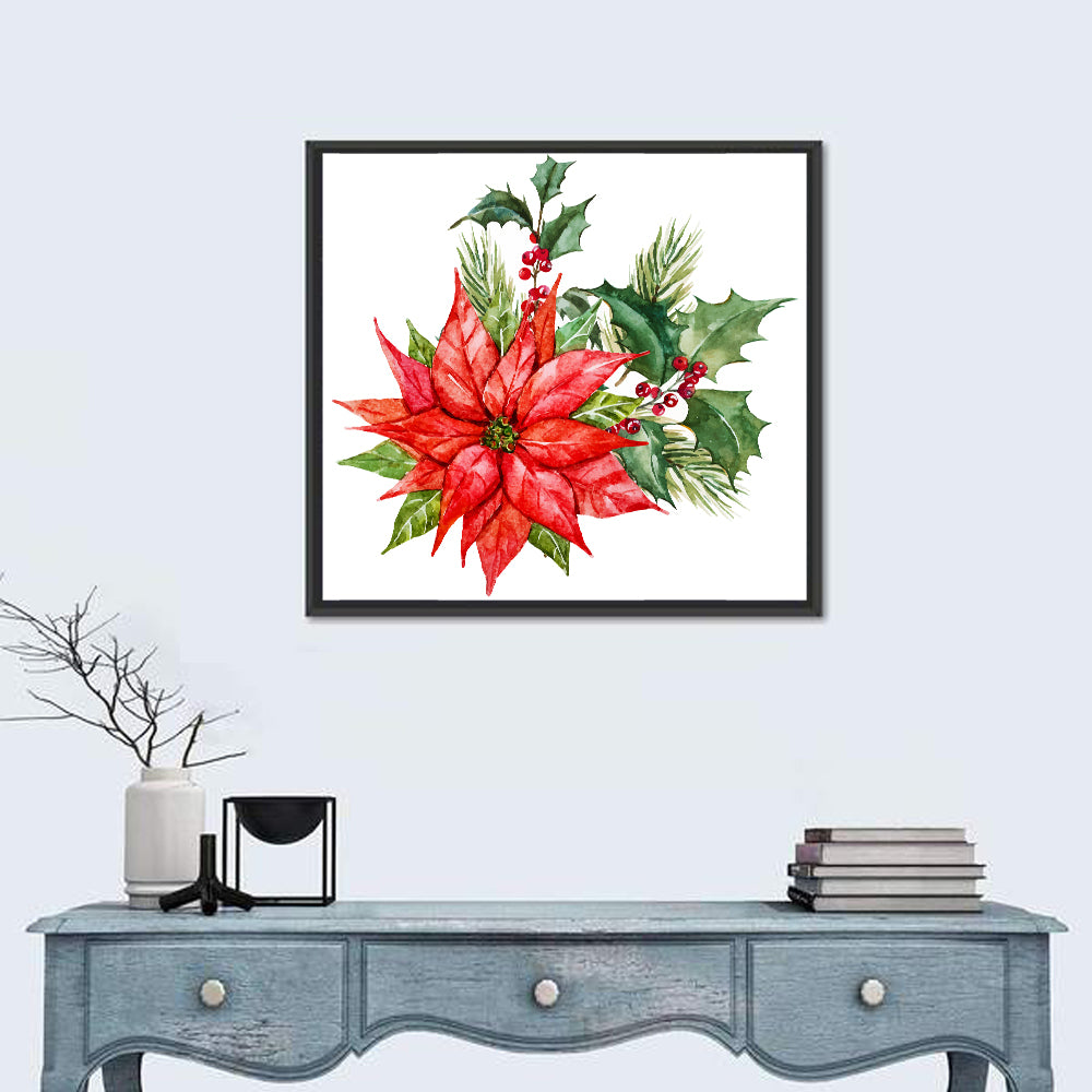 Christmas Poinsettia Watercolor Wall Art in a room, square