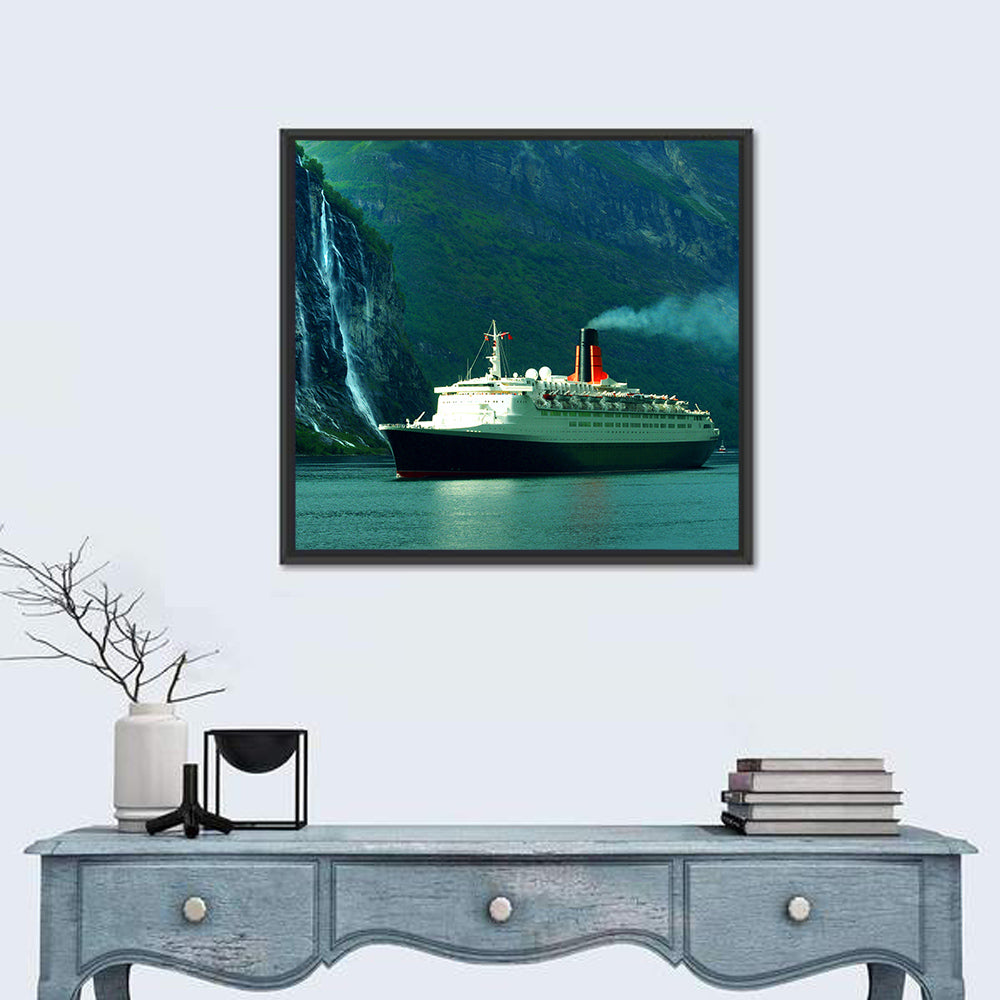 Cruise Ship at Geiranger Fjord Wall Art in a room, square