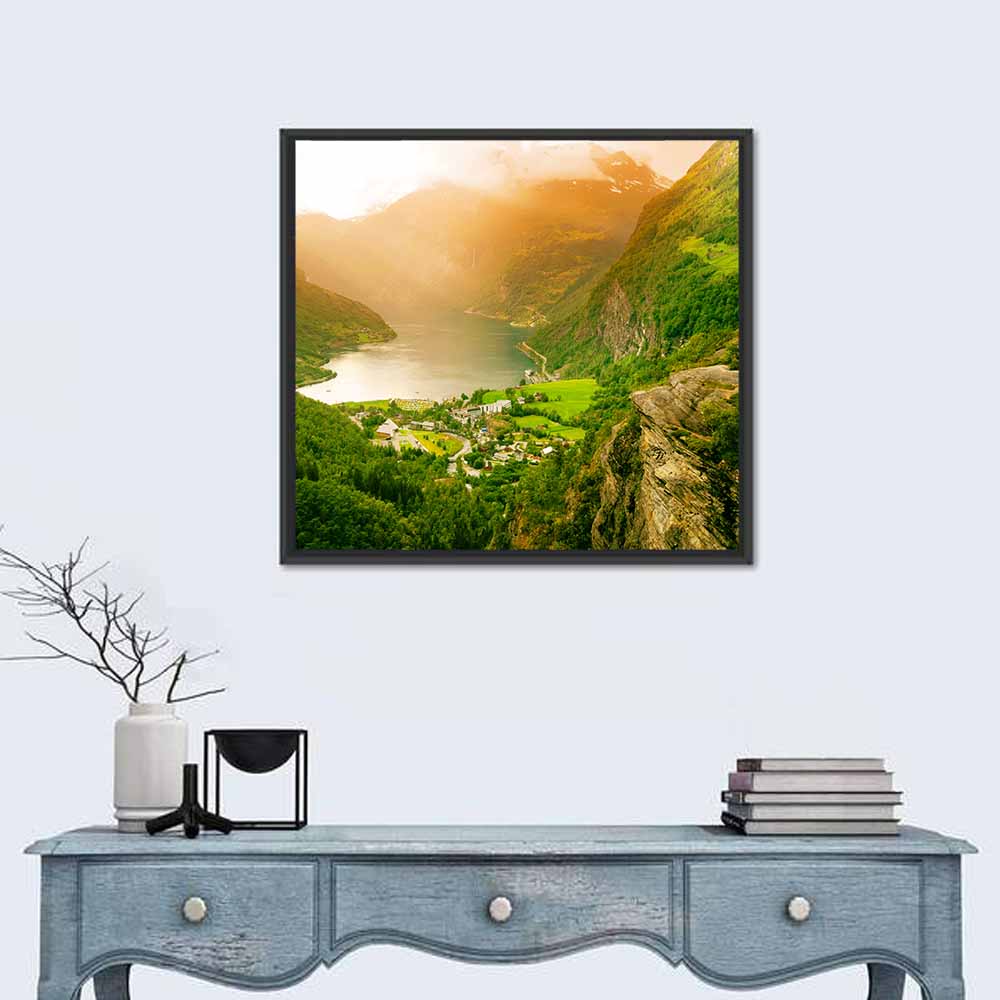 Geirangerfjord Golden Hour Wall Art in a room, square