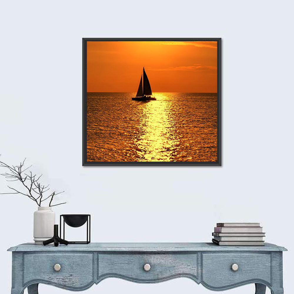 Sailboat Silhouette at Golden Sunset Wall Art in a room, square
