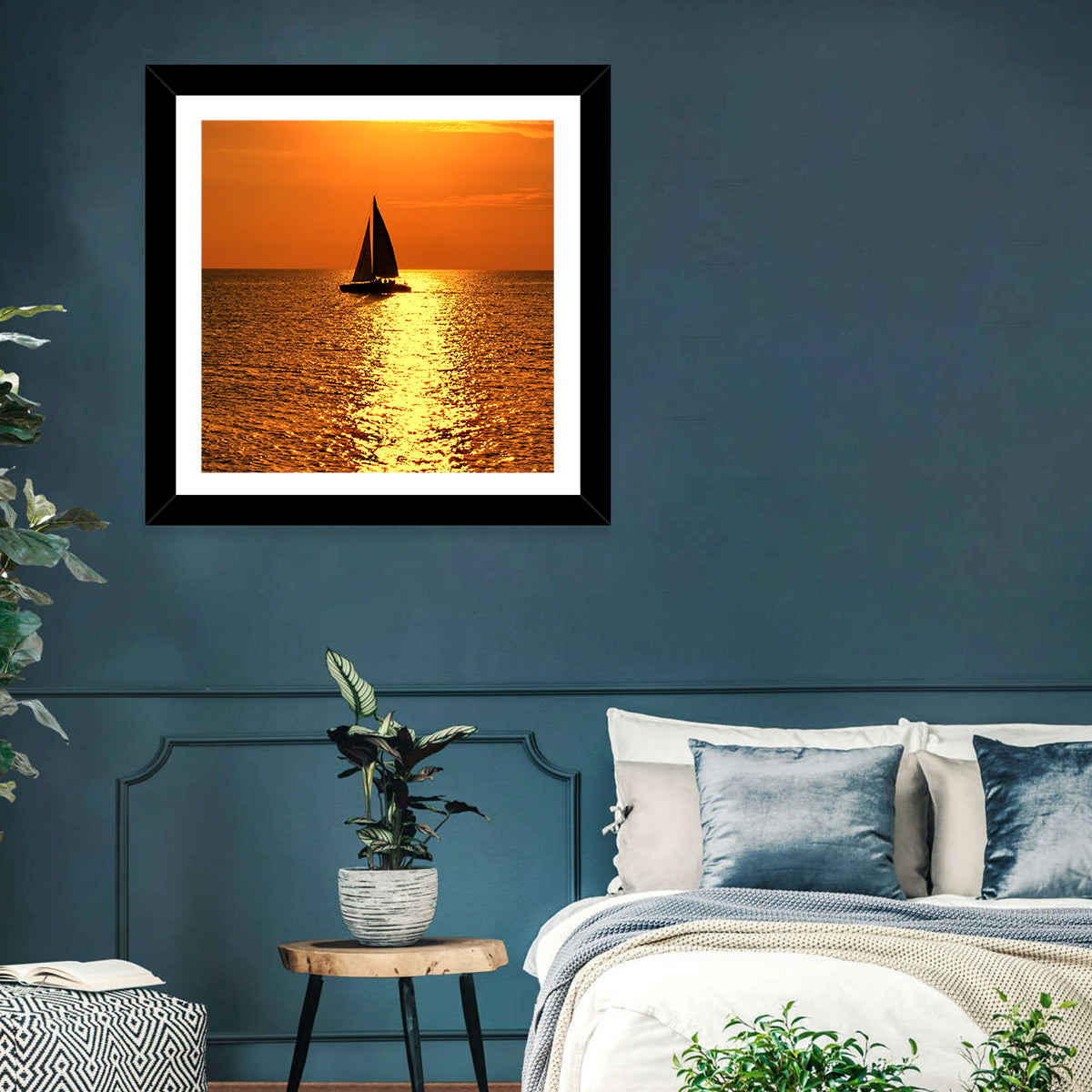 Sailboat Silhouette at Golden Sunset Wall Art in a room, square