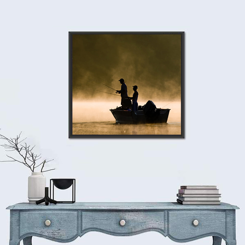 Misty Lake Fishing Wall Art in a room, square