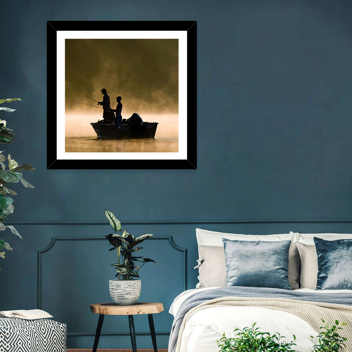 Misty Lake Fishing Wall Art in a room, square