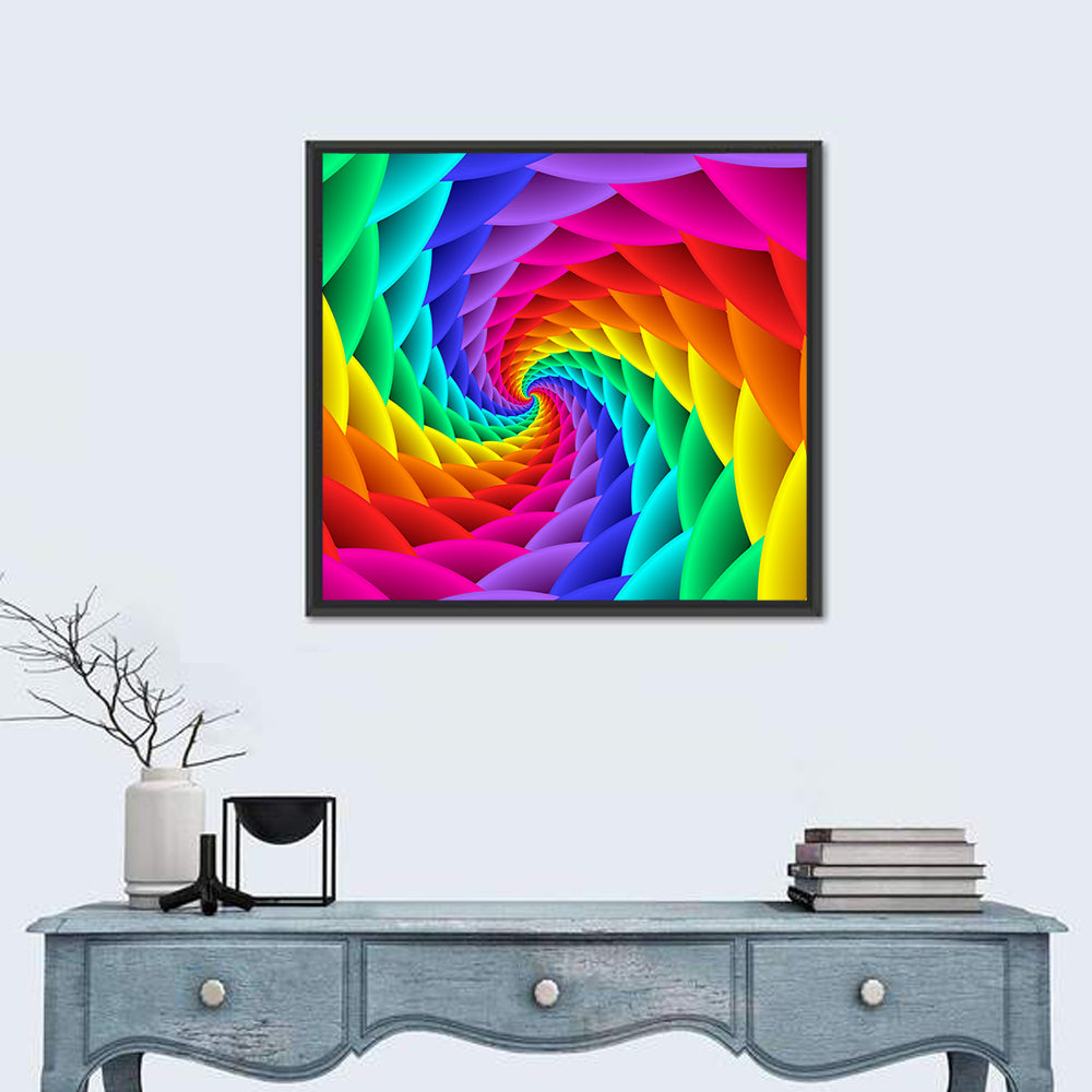 Rainbow Spiral Vortex Tunnel Wall Art in a room, square
