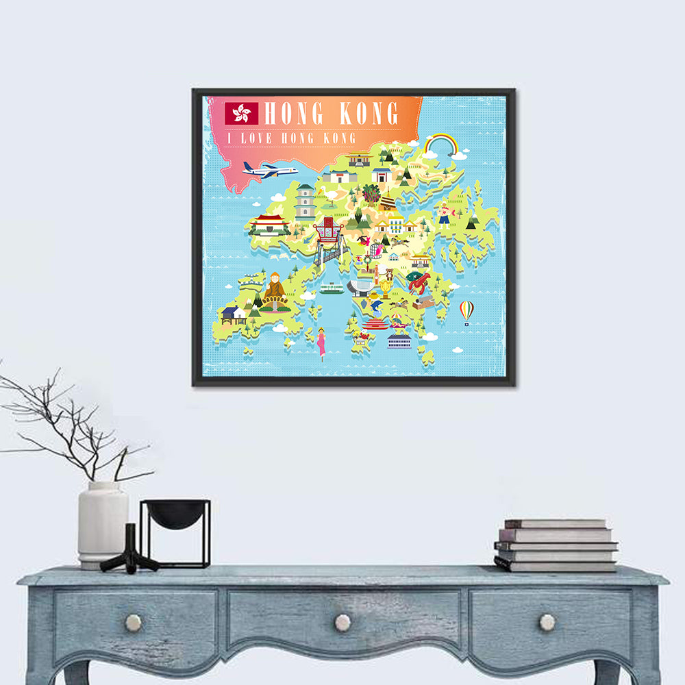 I Love Hong Kong Illustrated Cultural Map Wall Art in a room, square