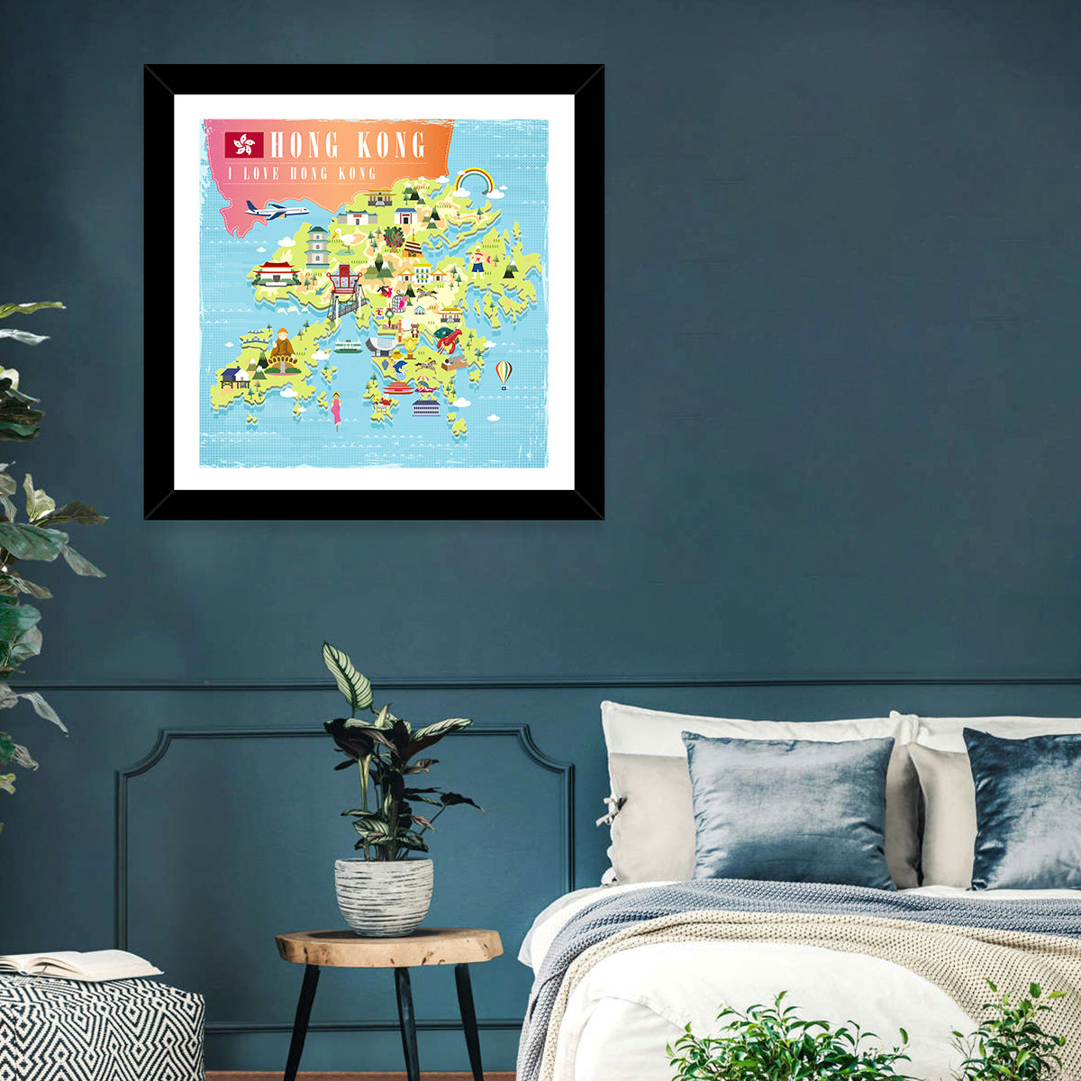 I Love Hong Kong Illustrated Cultural Map Wall Art in a room, square