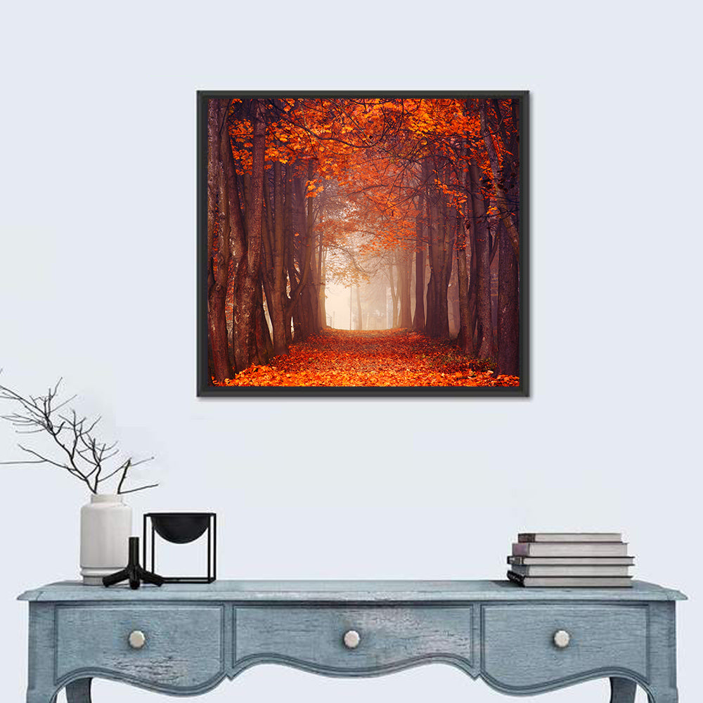 Misty Autumn Forest Path Wall Art in a room, square