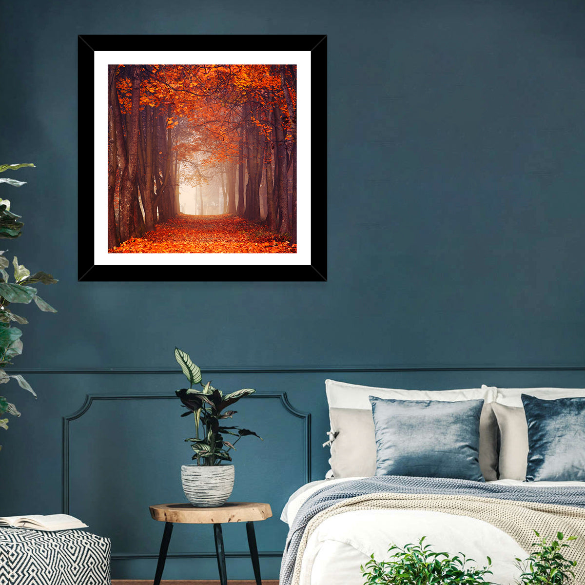 Misty Autumn Forest Path Wall Art in a room, square