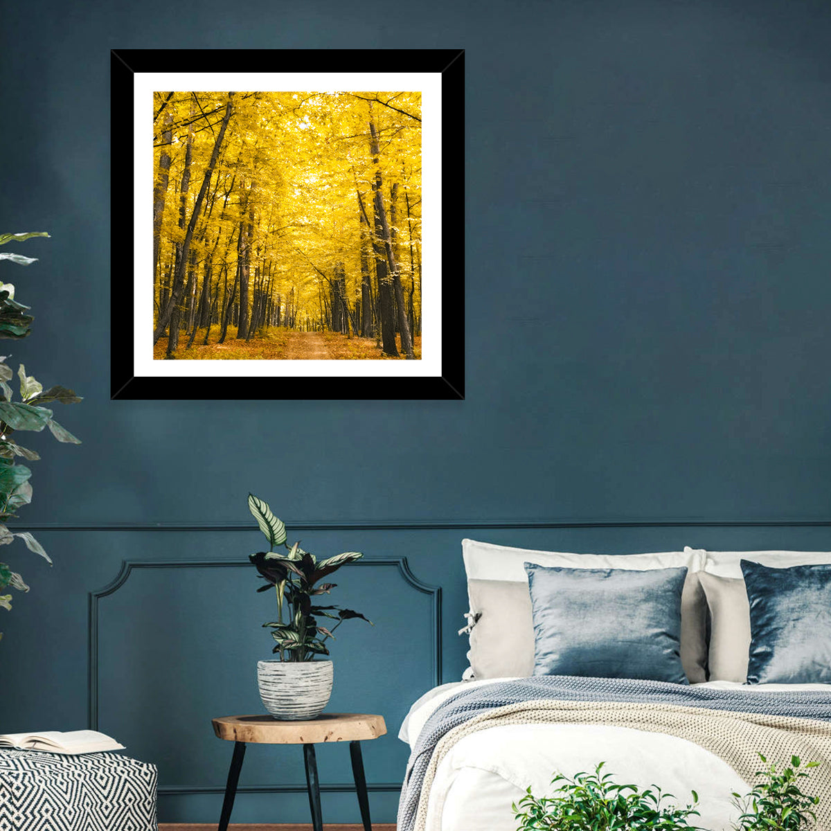 Yellow Autumn Forest Path Wall Art in a room, square