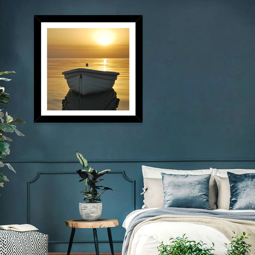 White Rowboat on Golden Sea Wall Art
